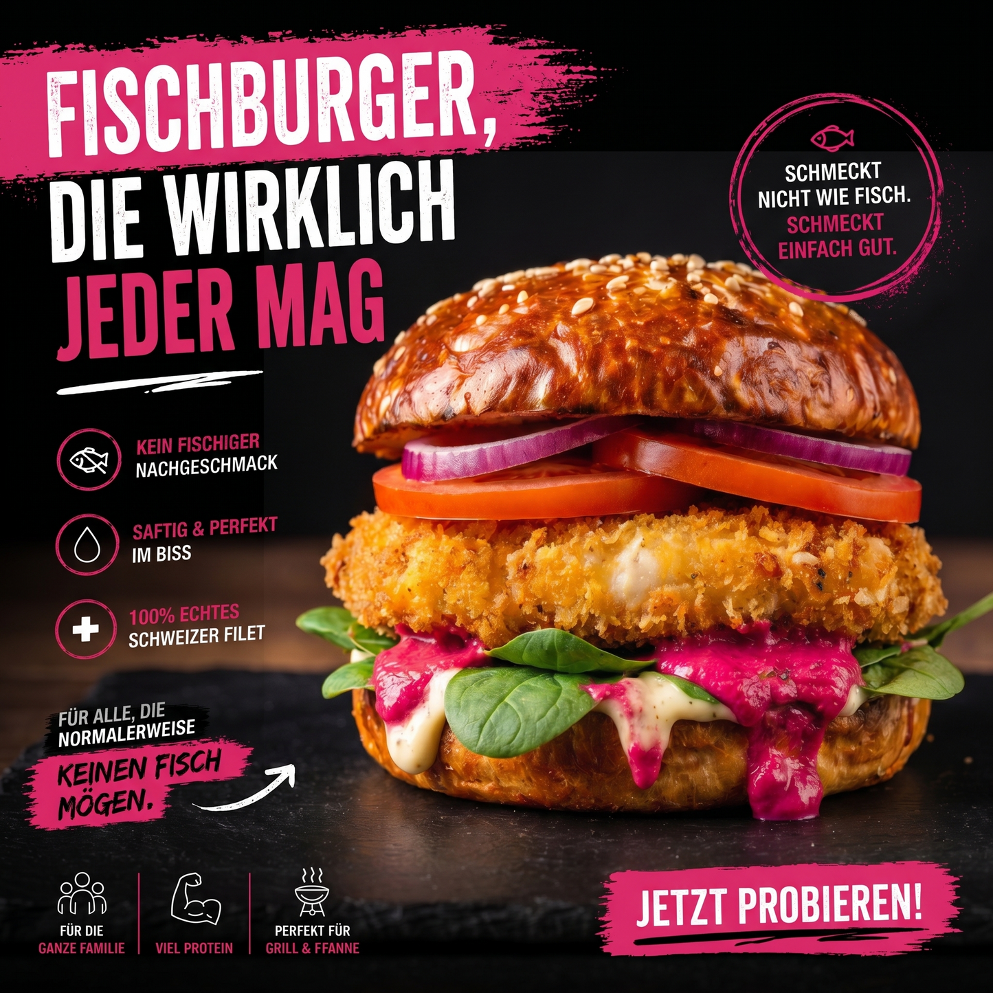 Fischburger Crispy Premium Nachhaltig Gesund High Protein Burger Lokaler Burger Schweizer Burger Fisch 100% Geschmack
