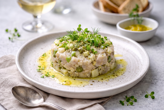 Zander-Tatar mit Apfel, Meerrettich & Zitronenöl