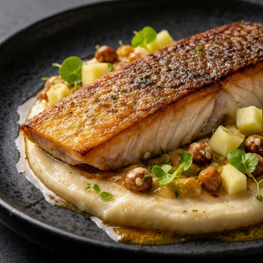 Knuspriger Wels mit Selleriecreme, Apfel und brauner Butter