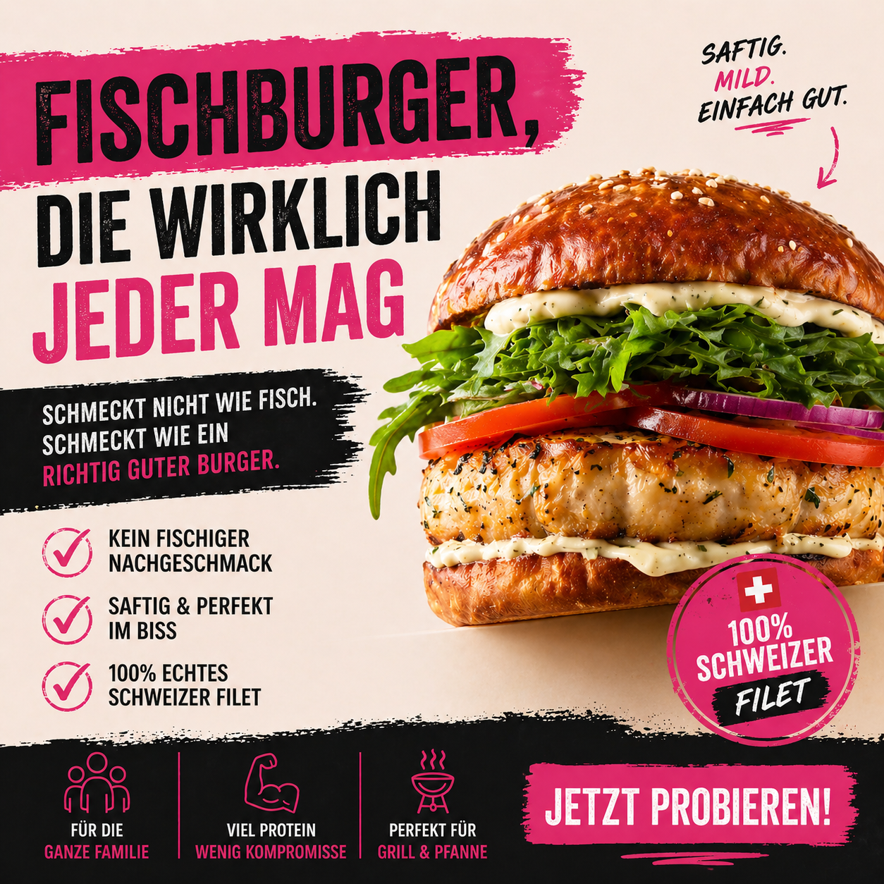 Fischburger Premium Nachhaltig Gesund High Protein Burger Lokaler Burger Schweizer Burger Fisch 100% Geschmack