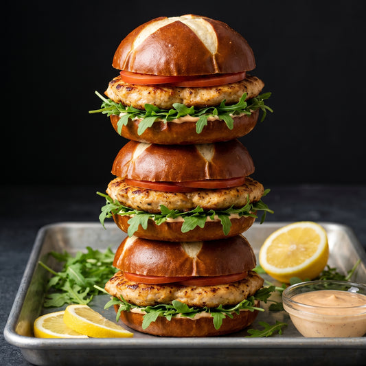 Fisch Burger gestapelt Local Burger Better than Beef Pesketarier Burger Fish Burger 