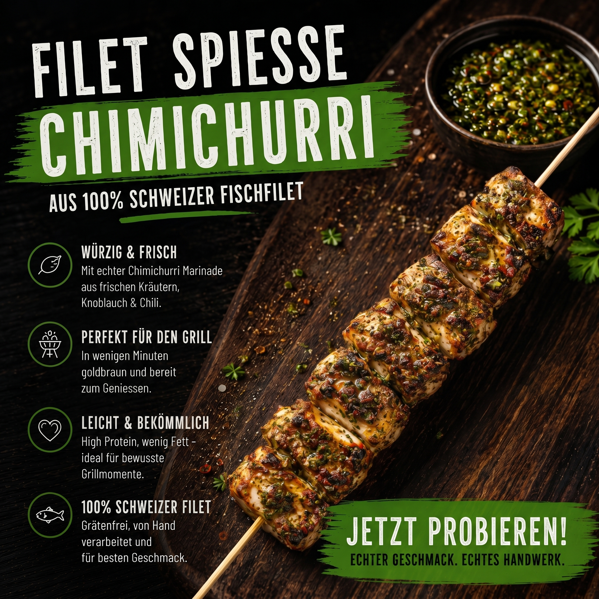 Fisch Spiess Chimichurry Filet Fisch Lokaler gesunder Fisch Nachhaltig kein PFAS Fisch Spiess Fisch BBQ 