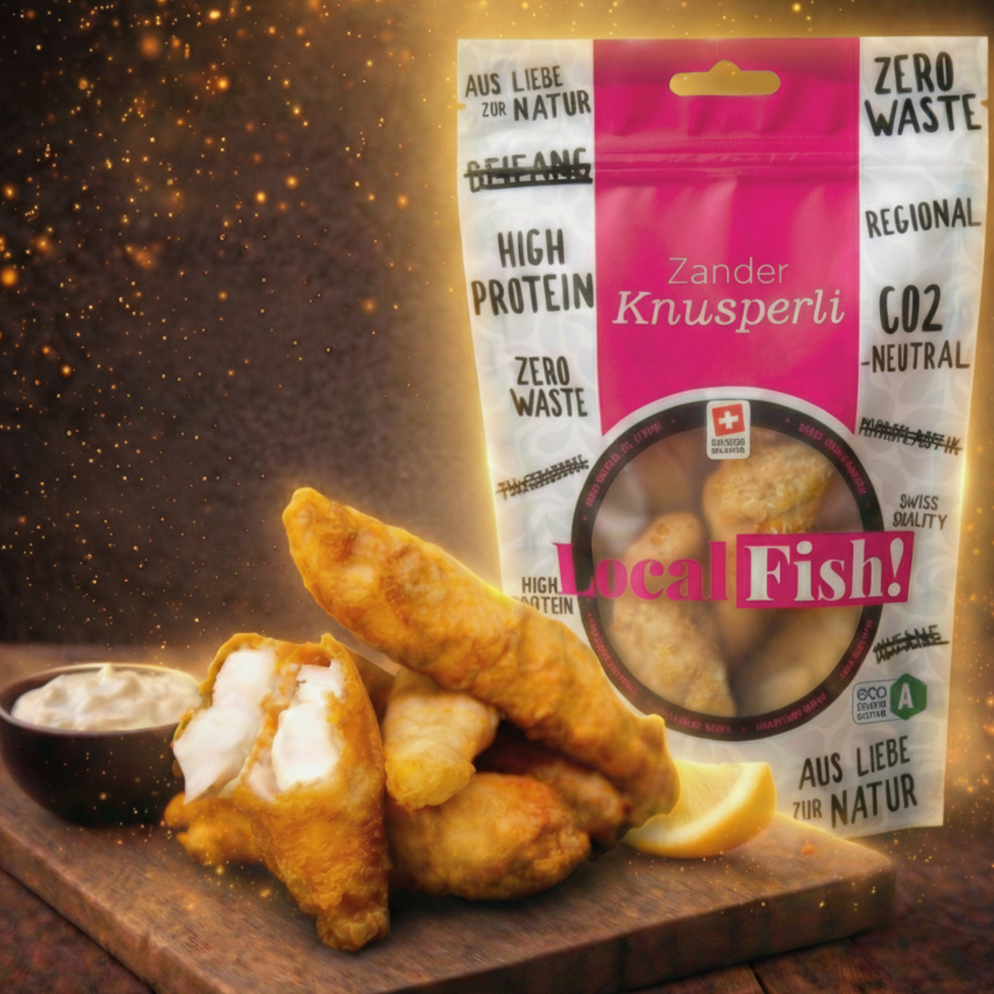 Knusperli Fischstäbchen Glutenfrei Chnusperli Gesunder Fisch Zander Filet Lokal Nachhaltig Kein Mikroplastik Kein Antibiotika Grätenfrei LocalFish