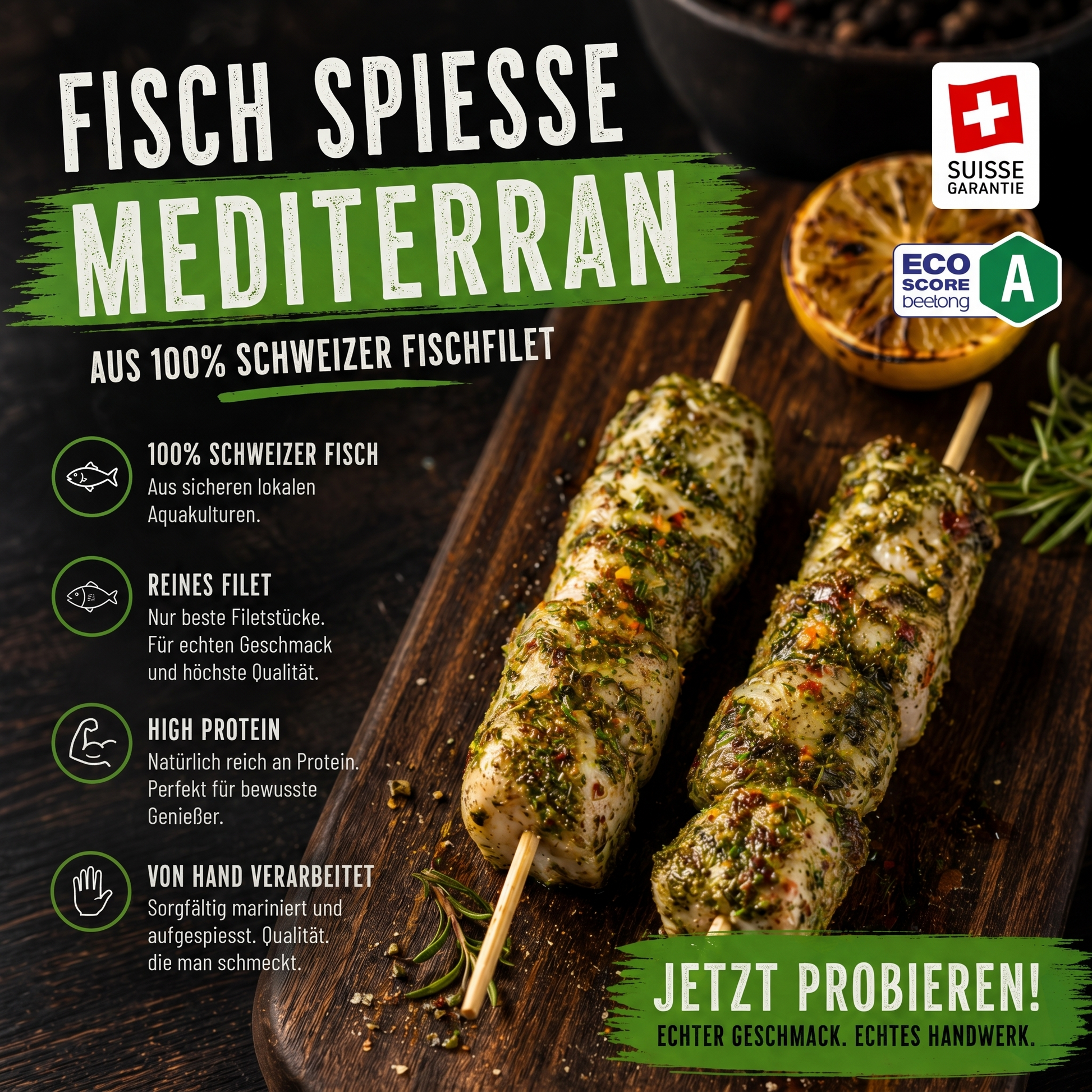 Schweizer Fisch Spiesse BBQ Fisch Spiesse Gesund Nachhaltig 100% Schweizer Fisch Mediterran Airfryer 
